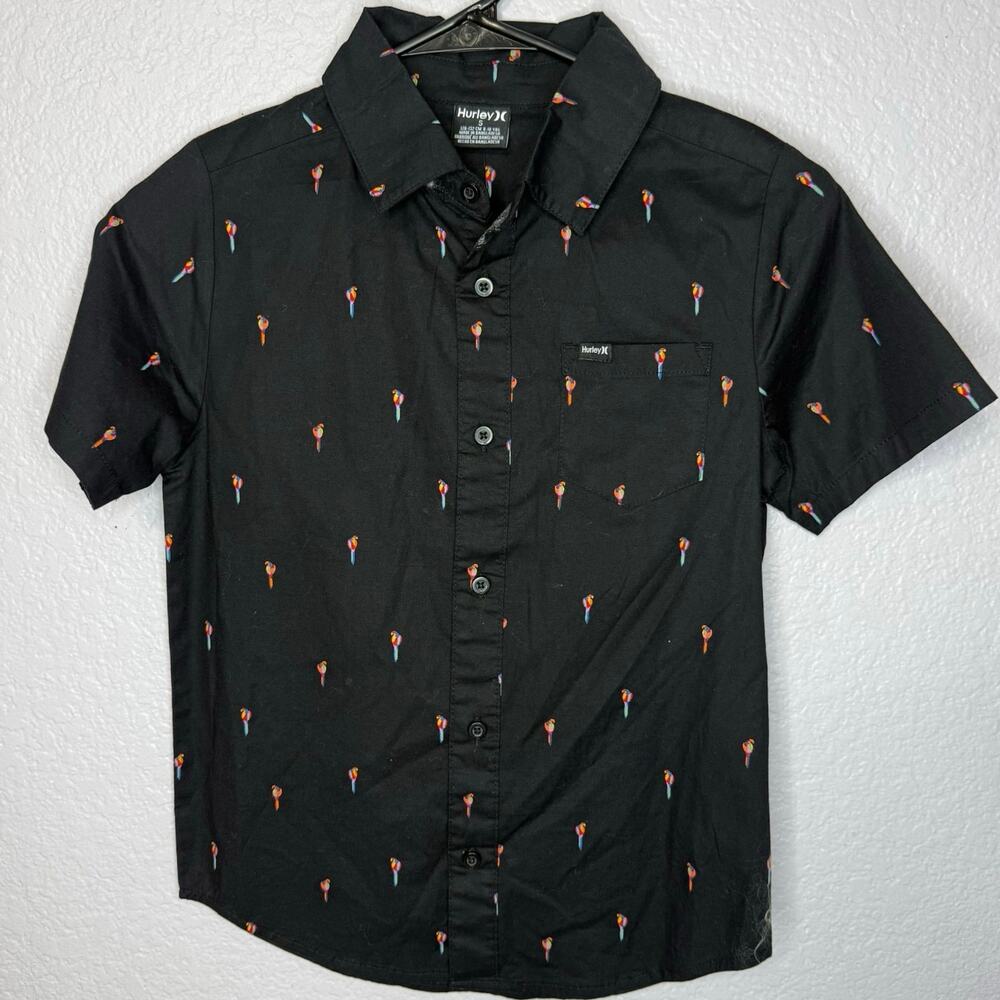 Hurley Boys Parrot Button Up Shirt Black Tropical Print Size Small 8-10 NWT